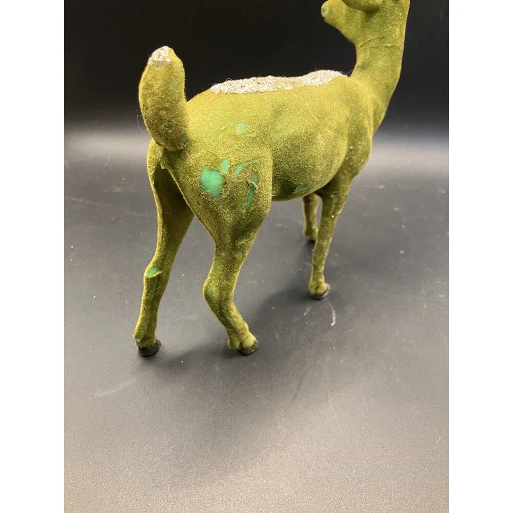 Vintage Green Reindeer Flocked Deer Christmas MCM 6” Decor Sparkly